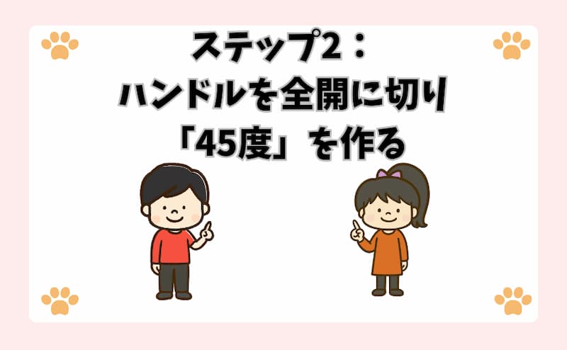 ステップ2：ハンドルを全開に切り「45度」を作る